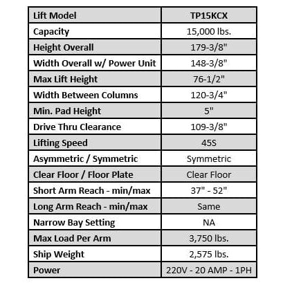 Tuxedo TP15KCX 15,000 lb Heavy Duty Two Post Lift