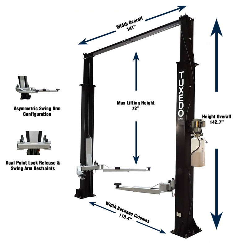 Tuxedo TP9KAC-TUX 9,000 lb Two Post Clear Floor - Asymmetric