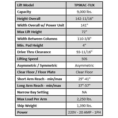 Tuxedo TP9KAC-TUX 9,000 lb Two Post Clear Floor - Asymmetric