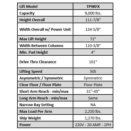 Tuxedo TP9KFX 9,000 lb Two Post Floor Plate - Symmetric