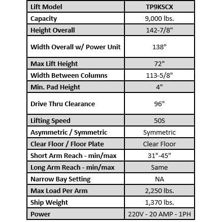 Tuxedo TP9KSCX 9,000 lb Two Post Clear Floor - Symmetric