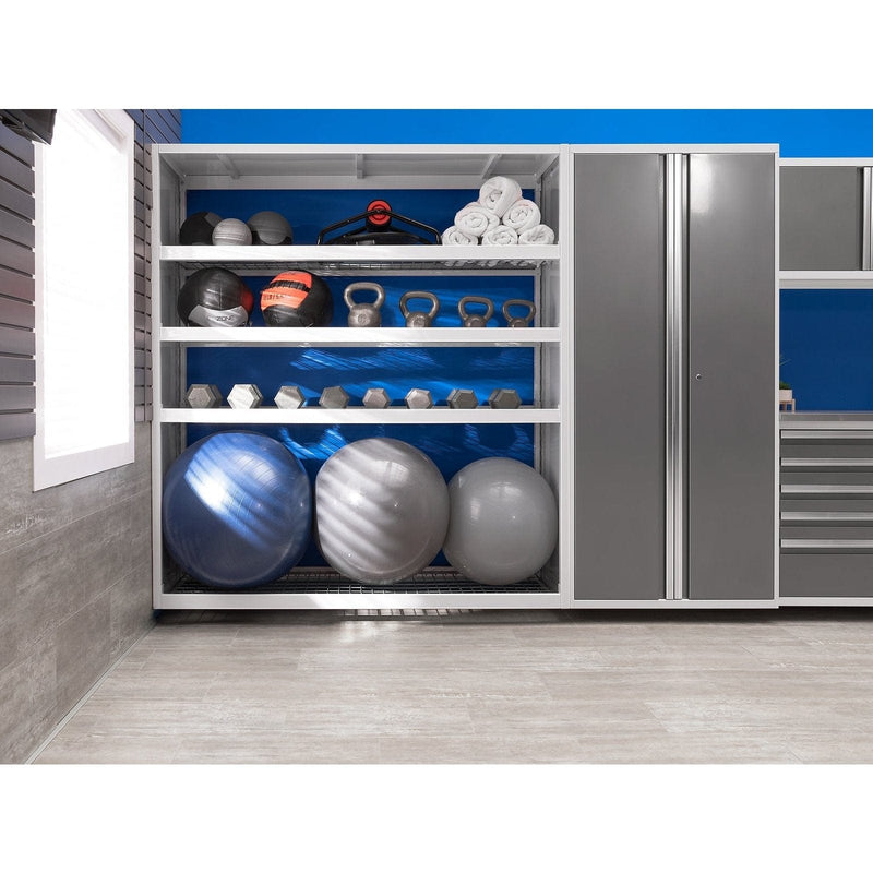 NewAge Pro Series 9 Piece Cabinet Set With Wall, Base, Tool Drawer Cabinet, 56 in. Integrated Shelf and 112 in. Worktop