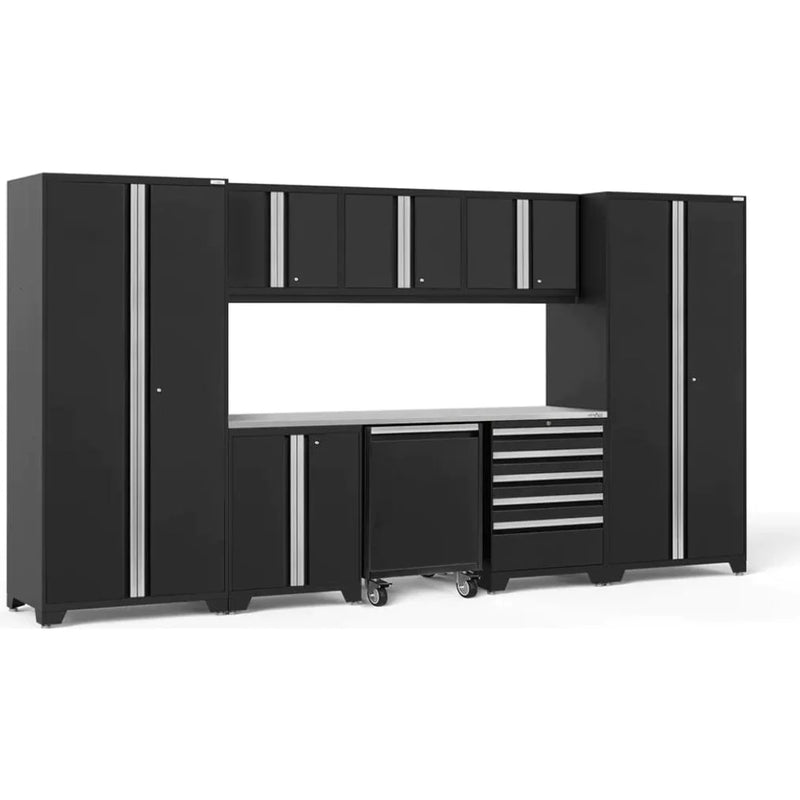 NewAge Pro 3.0 Series 9-Piece Cabinet Set With Wall, Base, Tool Drawer Cabinet, Lockers, Utility Cart and 84 in. Worktop