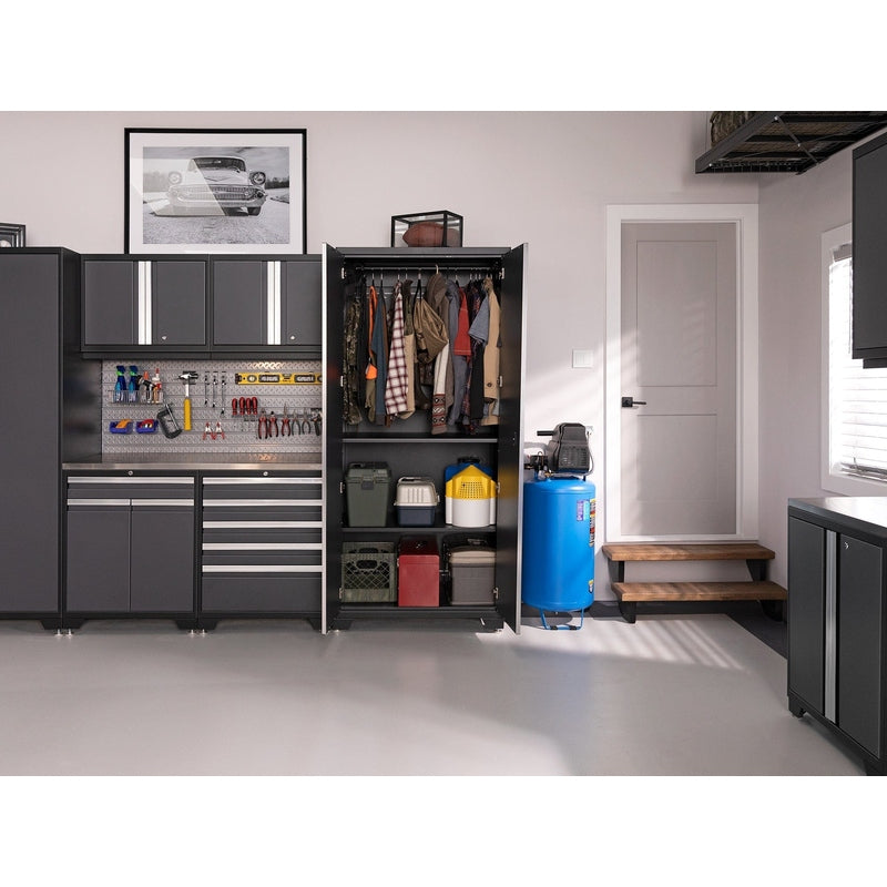 NewAge Pro Series Gray 16 Piece Cabinet Set With Wall, Tool Drawer, Multi-Function Cabinet, Lockers and 168 in. Worktop